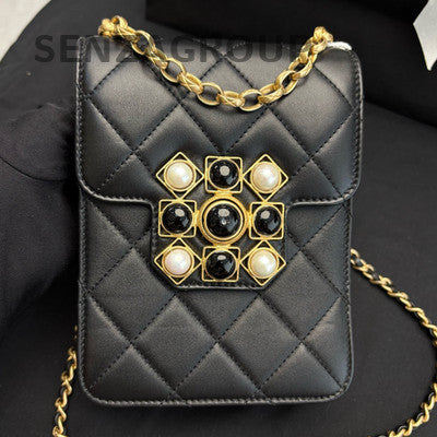 Chanel 20A Pearl & Onyx Quilted Phone Chain Crossbody Bag