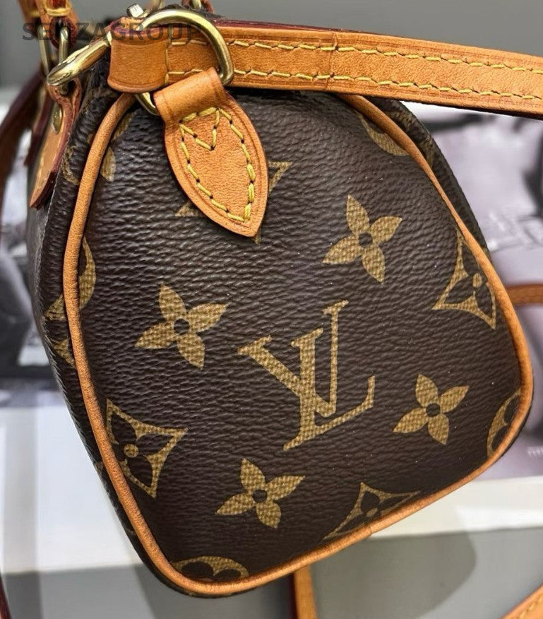 Louis Vuitton Speedy Nano Monogram Top Handle Bag Brown Gold Women Classic