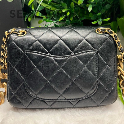CHANEL 22P Black Gold Chain Quilted Caviar Mini Square Flap Bag