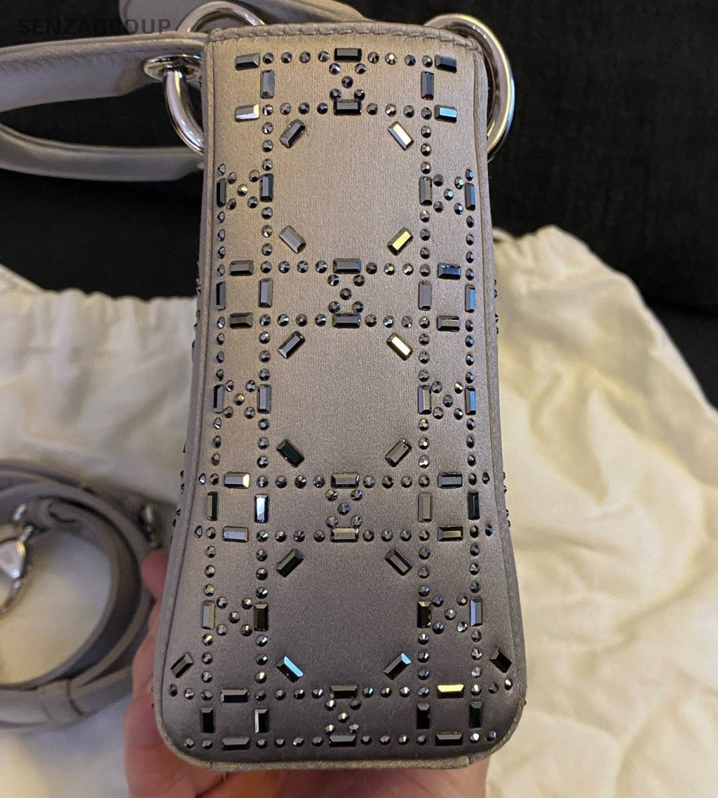 Christian Dior Lady Dior 2Way Gray Silver Top Handle Bag Crossbody Women Classic
