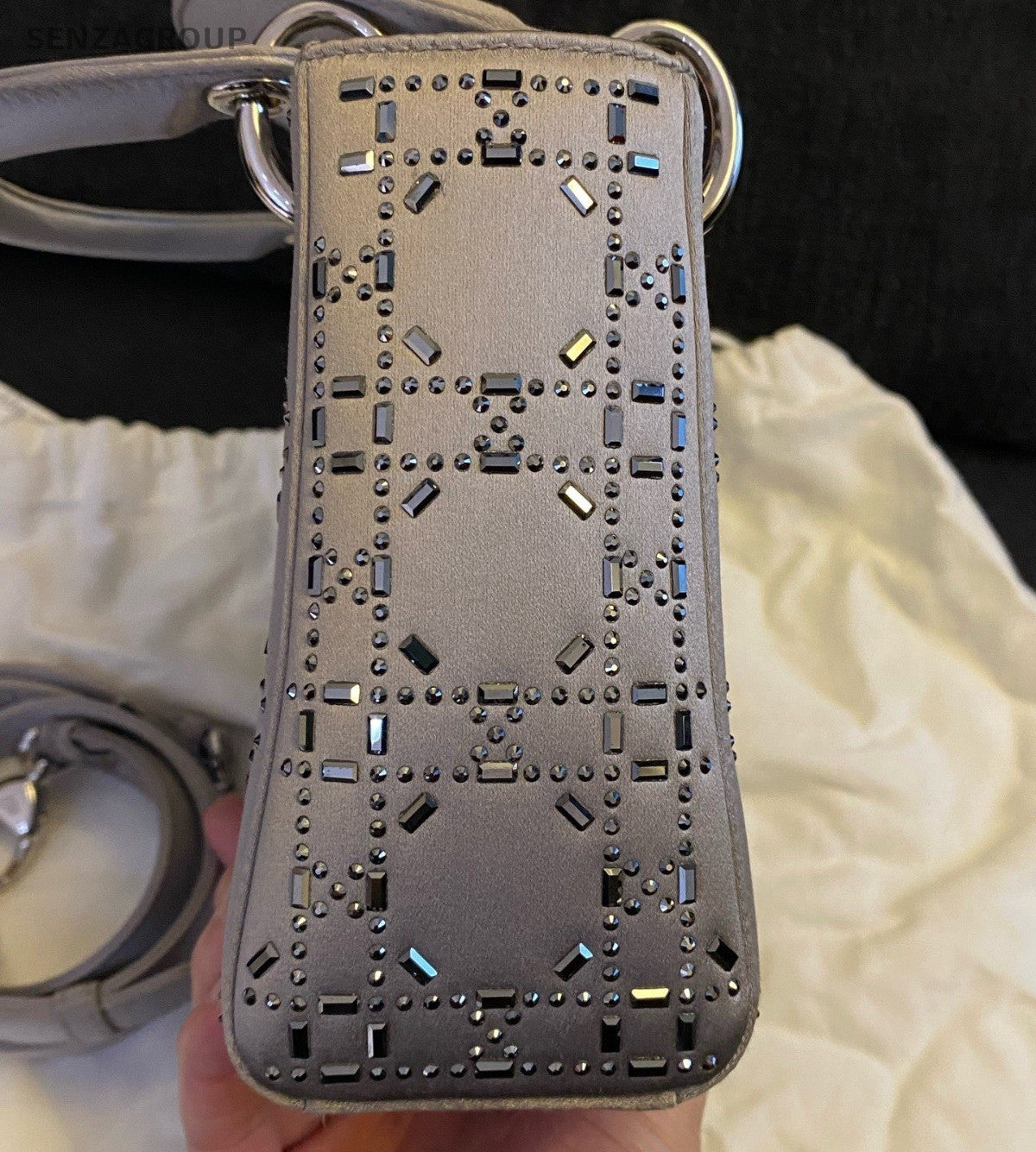 Christian Dior Lady Dior 2Way Gray Silver Top Handle Bag Crossbody Women Classic