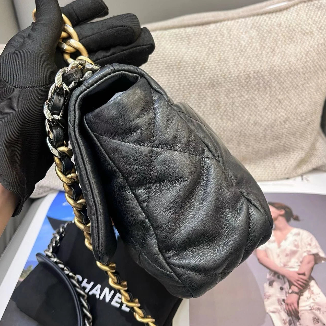 Chanel 19Bag PM Lambskin Chain Top Handle Crossbody Black Gold Women Classic
