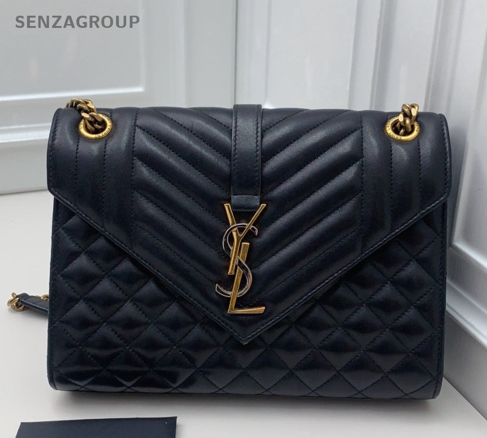 Saint Laurent Envelope Chain Shoulder Bag Black Gold Used Women Classic Fashion