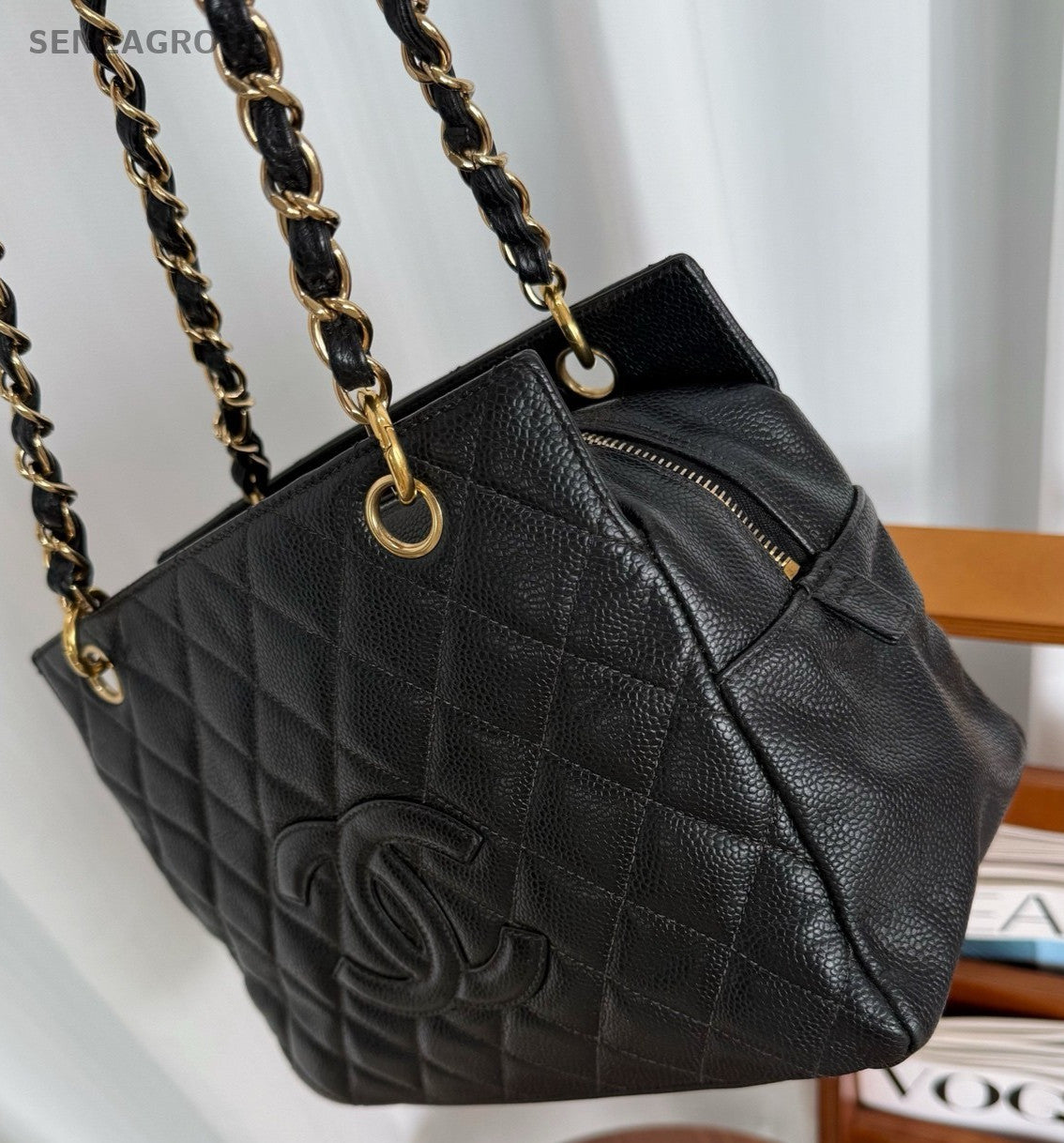 CHANEL PPT Caviar CC Chain Shoulder Handbag Black Gold Women tote