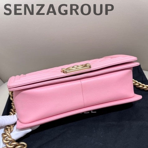 Chanel Le Boy Medium Pink Gold Chain Shoulder Bag Calfskin Quilted