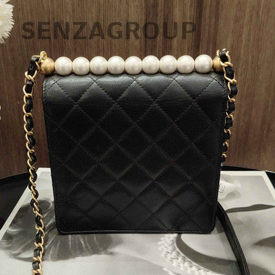 Chanel Quilted Pearl Chain Shoulder Crossbody Bag Black Gold Classic