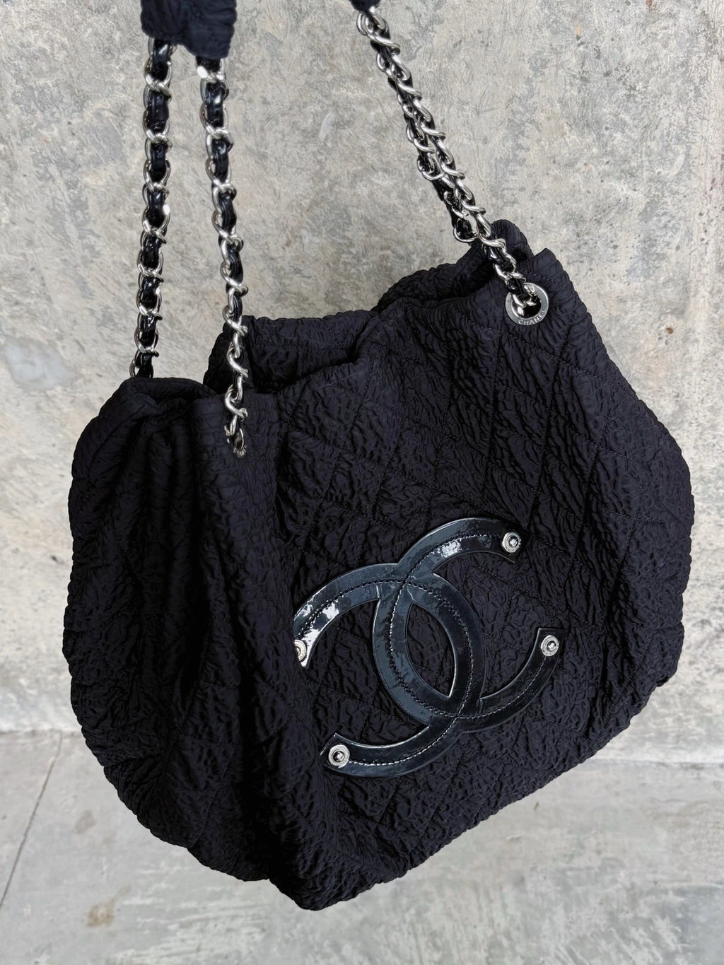Chanel XXL Ruched Tote Bag Large Shoulder Bag Daily Carry Black Silver