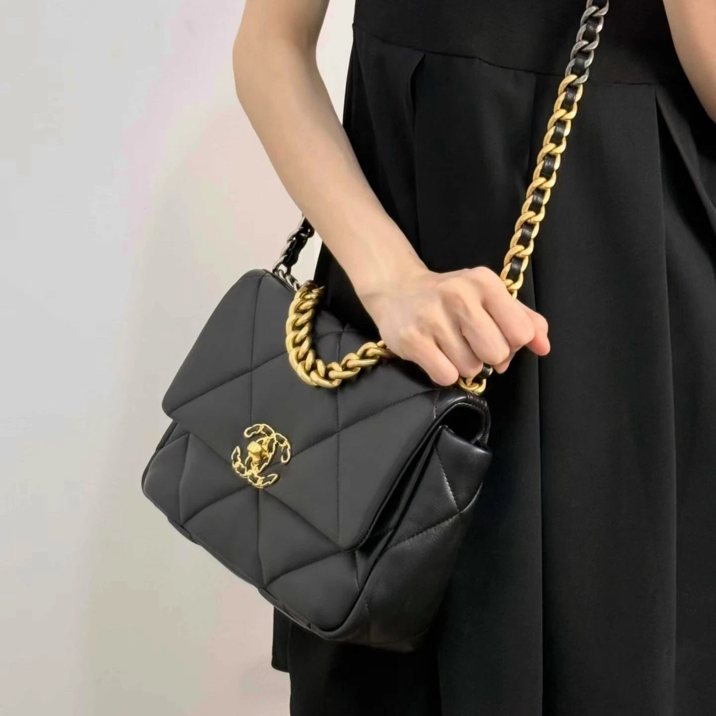 Chanel 19Bag PM Chain Top Handle Crossbody Black Gold Diamond Women Classic