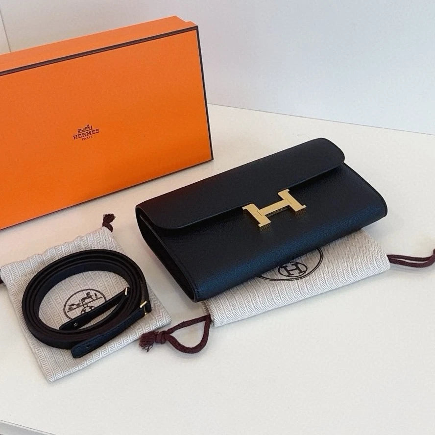 Hermes Constance Togo Clutch Shoulder Bag Black Gold Women Classic Fashion