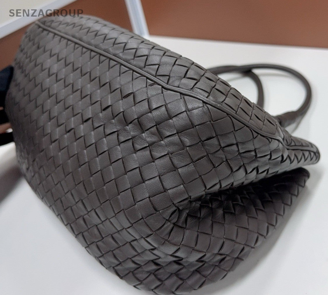 Bottega Veneta Lambskin Intrecciato Top Handle Shoulder Bag Gray Women