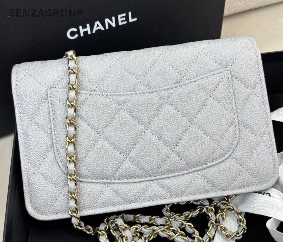 Chanel WOC Chain Shoulder Bag Gray Gold Women Classic Diamond Fashion