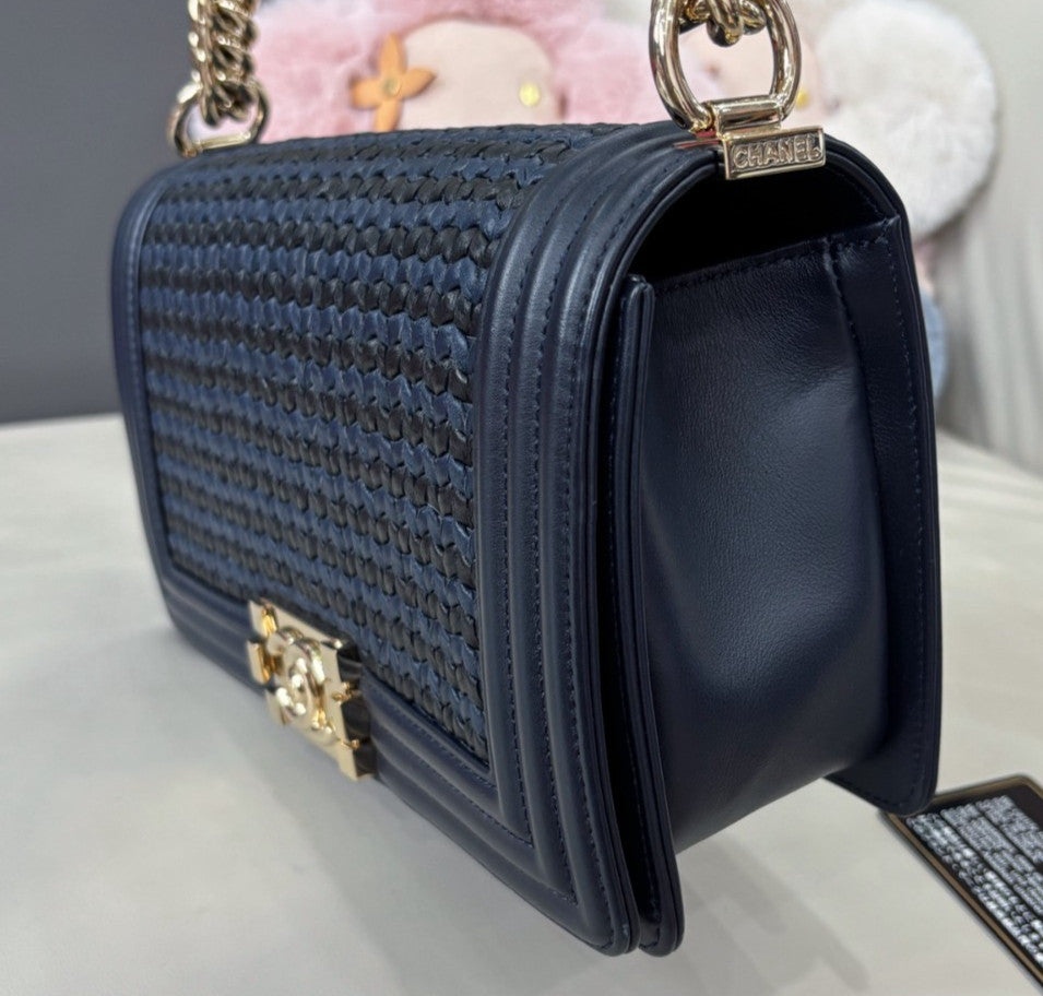 Chanel Leboy MM Chain Shoulder Bag Crossbody Blue Gold Women Classic Fashion