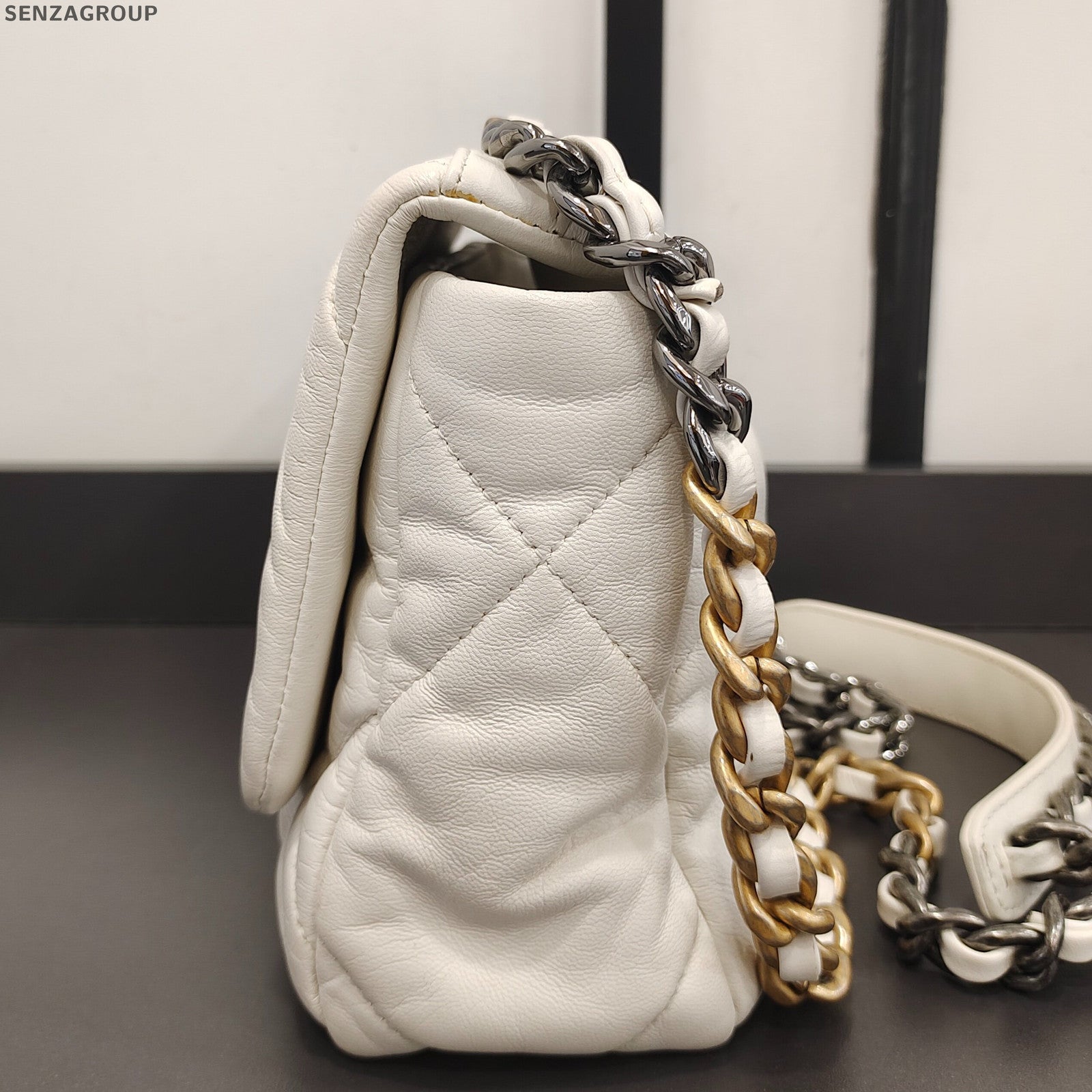 Chanel 19 Bag Quilted Lambskin Chain Shoulder Bag White Gold Women