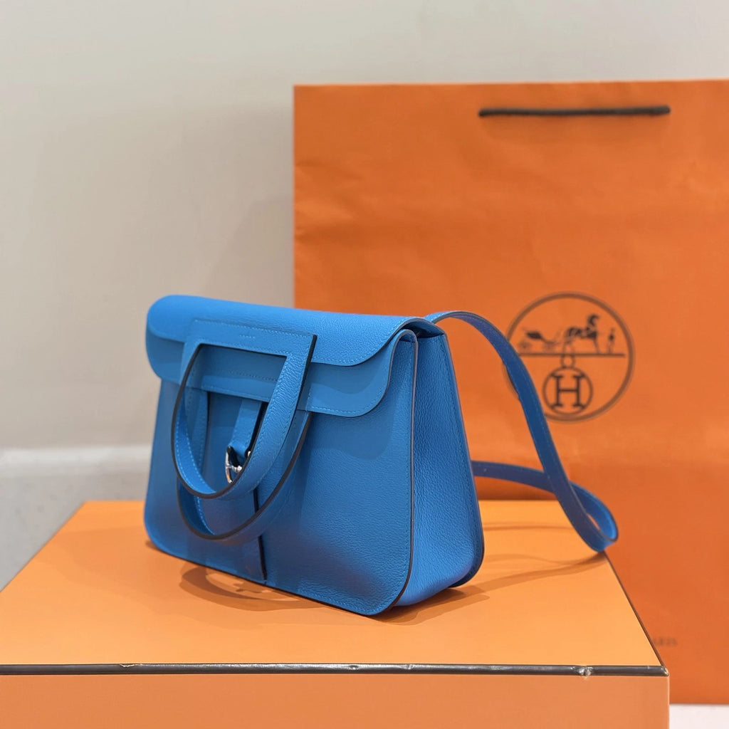 Hermes Blue Leather Halzan25 Crossbody Bag For Women