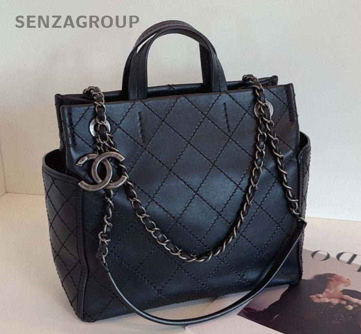 Chanel Diamond PM Tote Calfskin Top Handle Bag Chain Shoulder Bag Black Women
