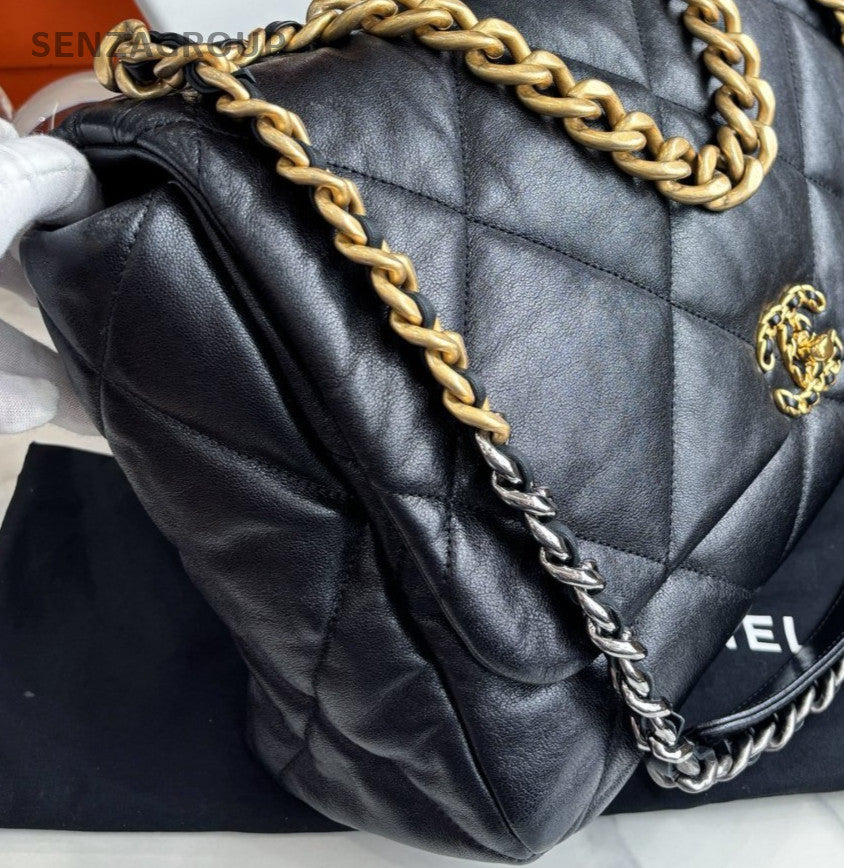 Chanel 19 Maxi Chain Shoulder Bag Crossbody Black Gold Women Classic
