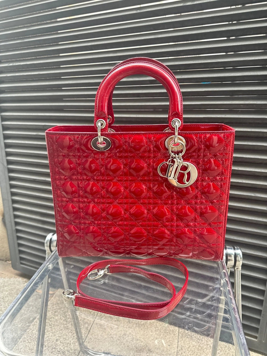 Dior Lady Dior Leather Red Top Handle Excellent