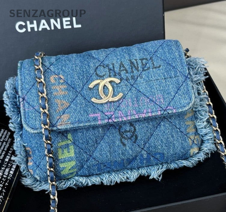 Chanel Diamond Mini Denim Chain Shoulder Bag Crossbody Blue Gold Women Classic