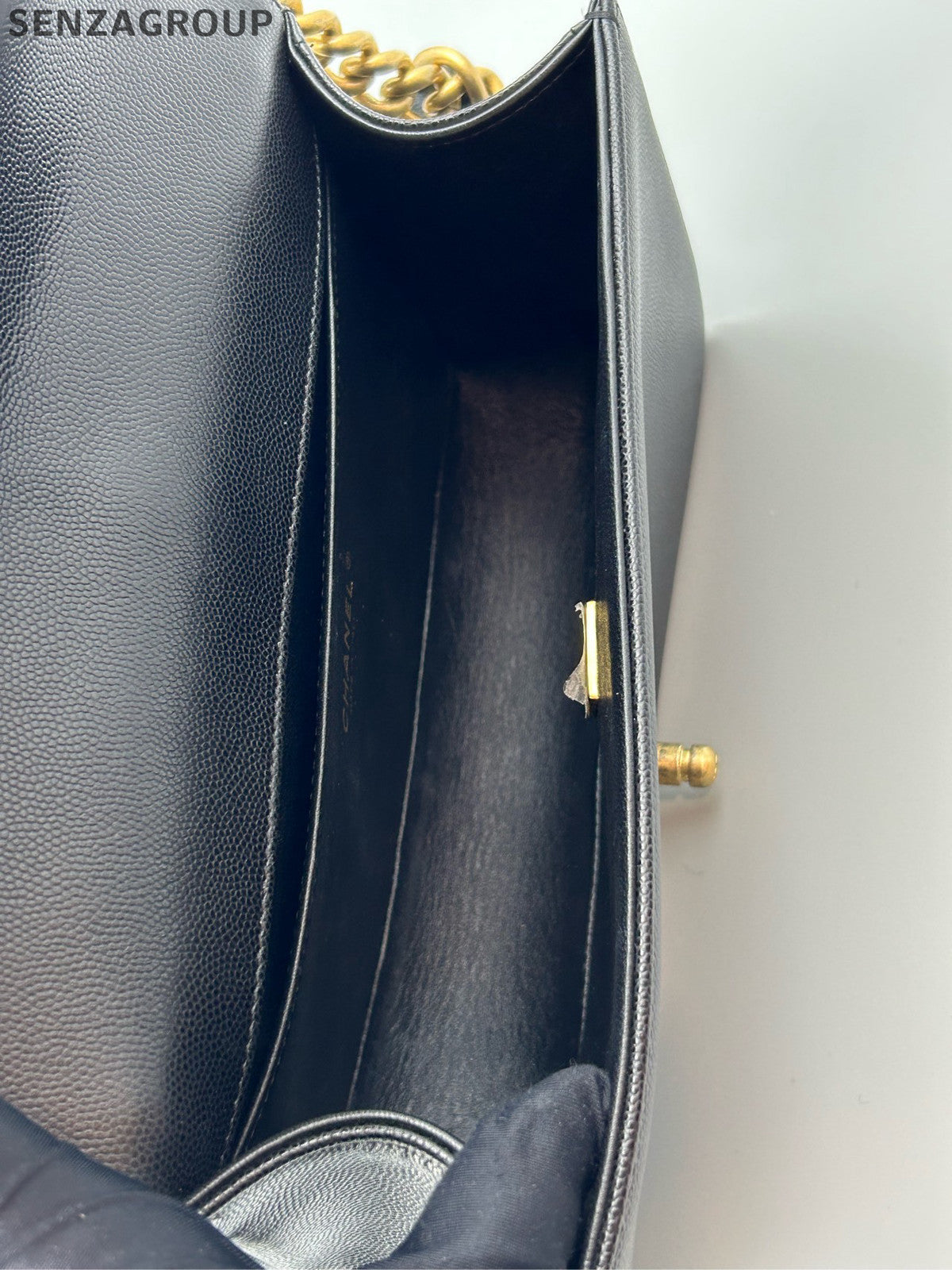Chanel Le Boy Medium Black Gold Caviar Quilted Chain Shoulder Bag