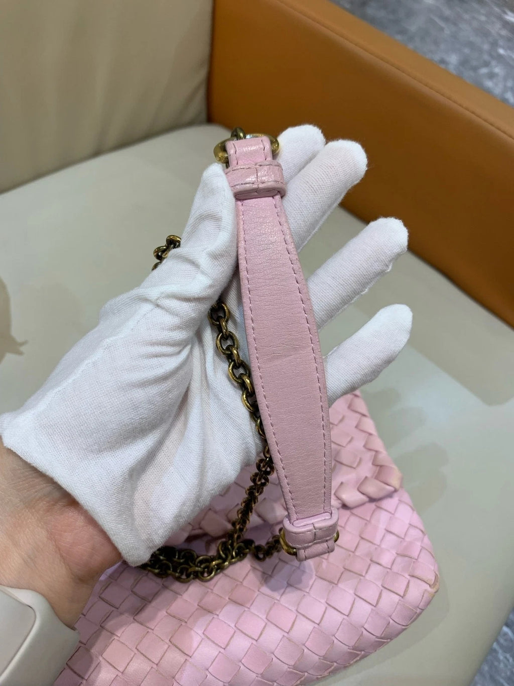Bottega Veneta Small Olympia Pink Woven Lambskin Shoulder Crossbody Women