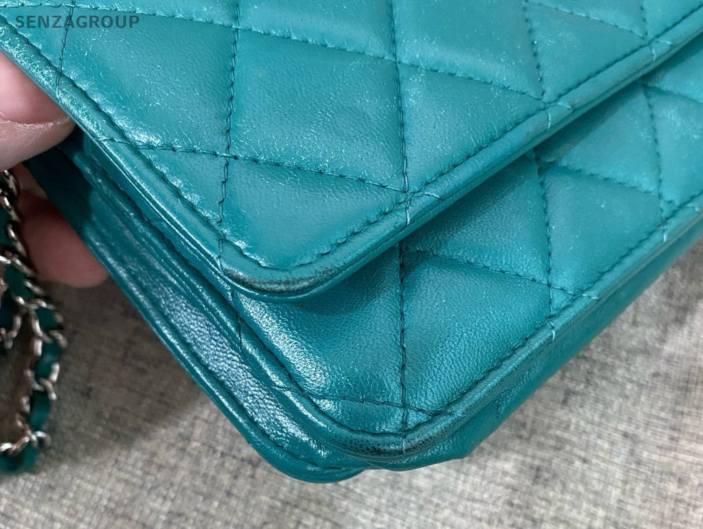 Chanel WOC Chain Shoulder Bag Crossbody Green Silver Women Classic Diamond