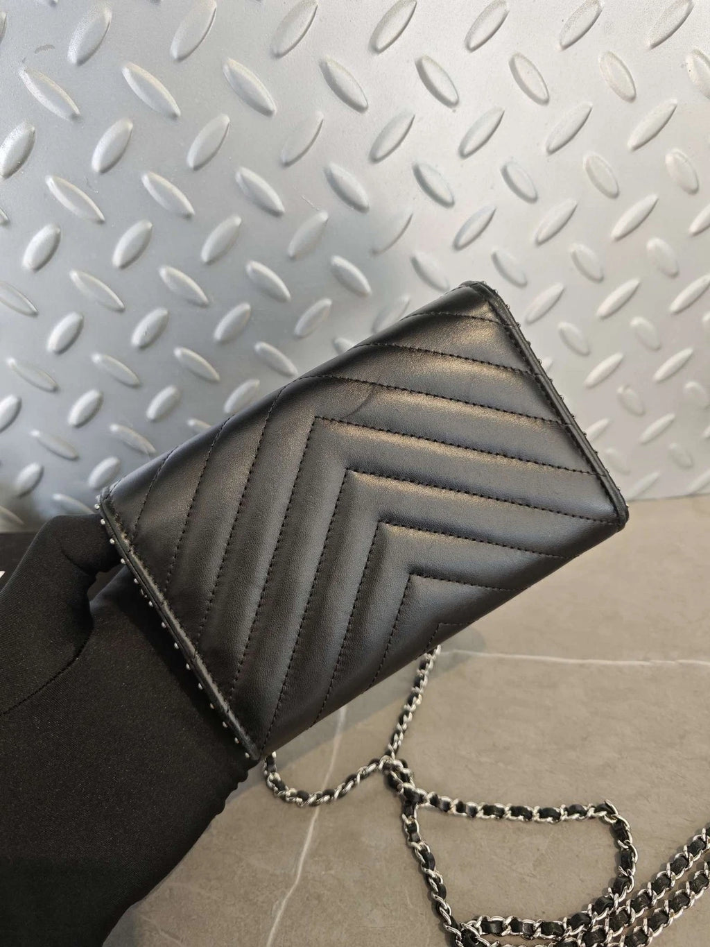 CHANEL Black Silver V Mini WOC Rivet Chain Leather Crossbody Bag Women