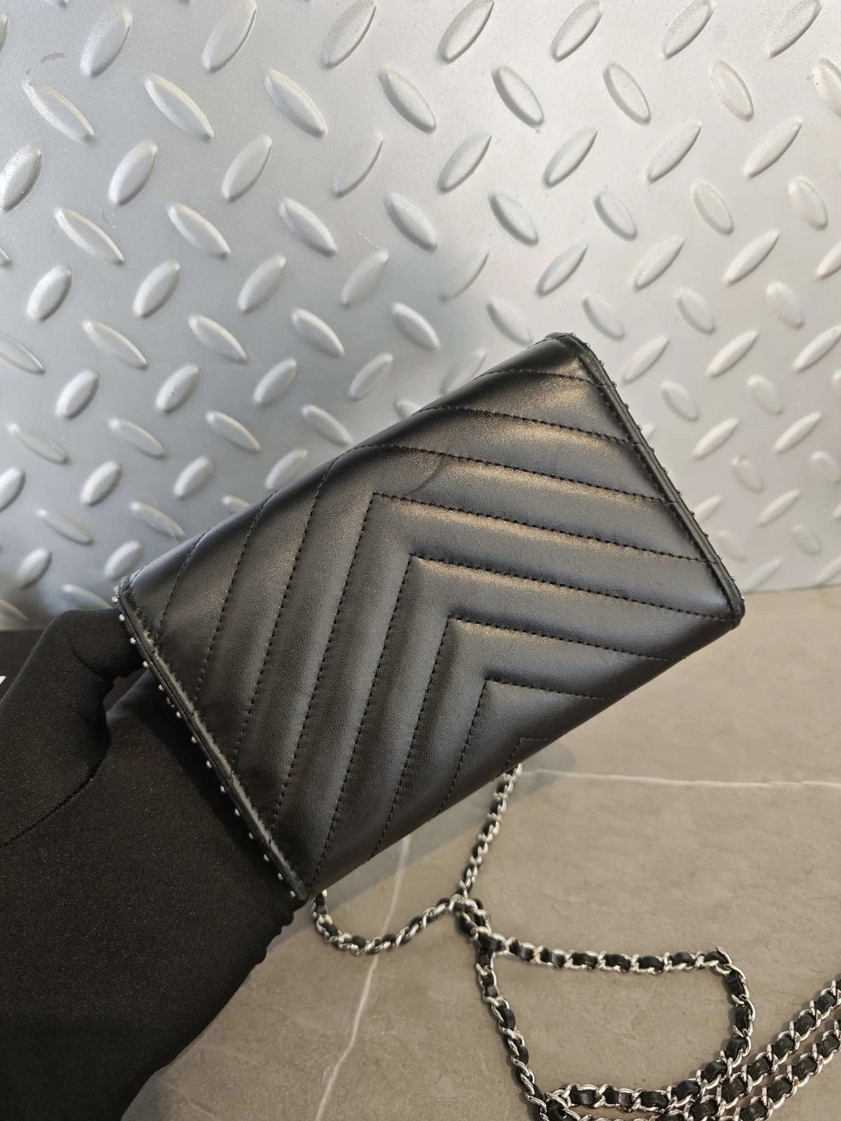 CHANEL Black Silver V Mini WOC Rivet Chain Leather Crossbody Bag Women
