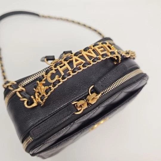 Pre-owned CHANEL 22S Black Gold Calfskin Top Handle Camera Bag For Women