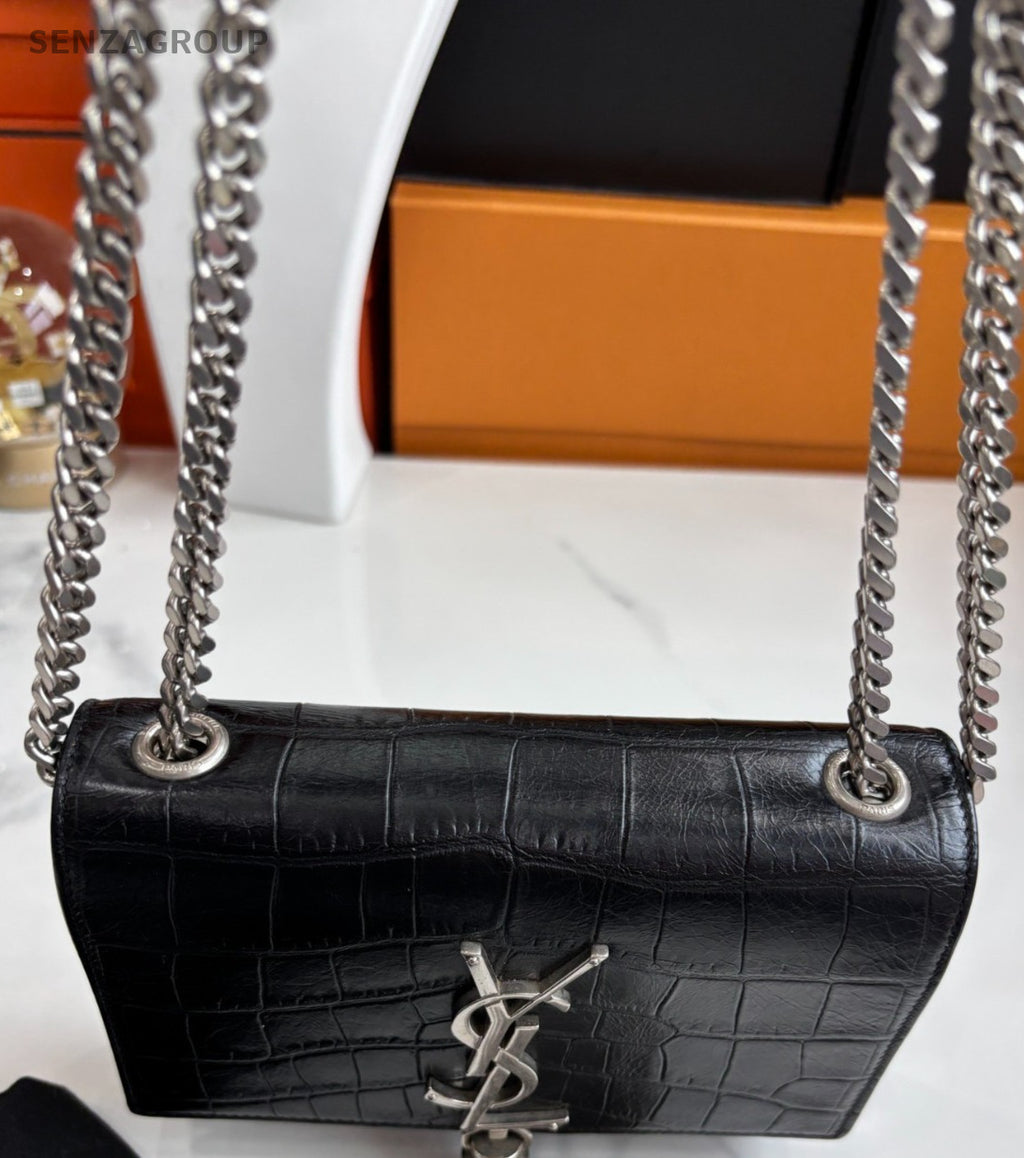YSL Saint Lauren Kate Chain Shoulder Crossbody Bag Black Silver Classic