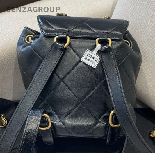 Chanel Diamond Lambskin Backpack Black Gold Used Women Classic Fashion