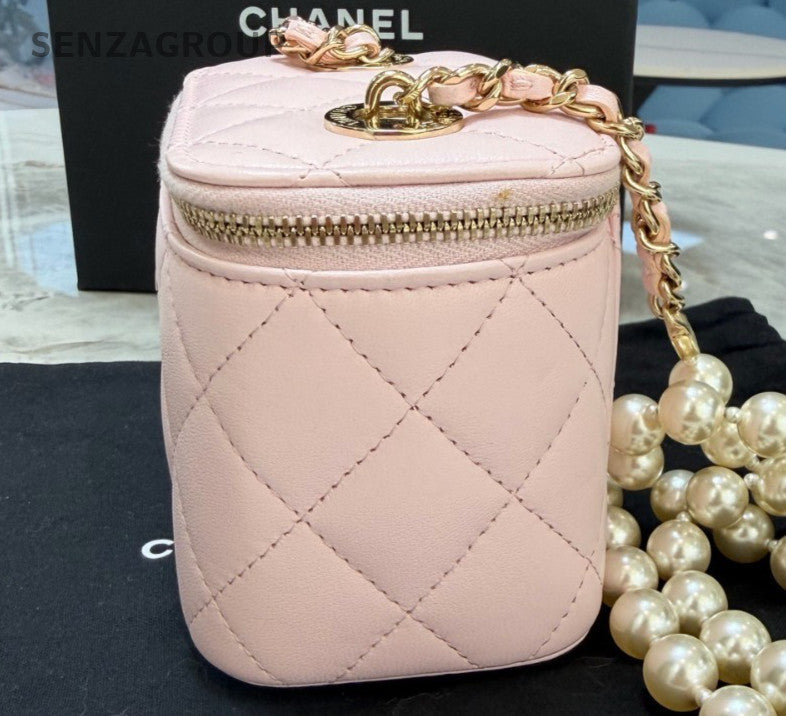 Chanel Diamond Mini Pearl Chain Shoulder Bag Crossbody Pink Gold Women Fashion