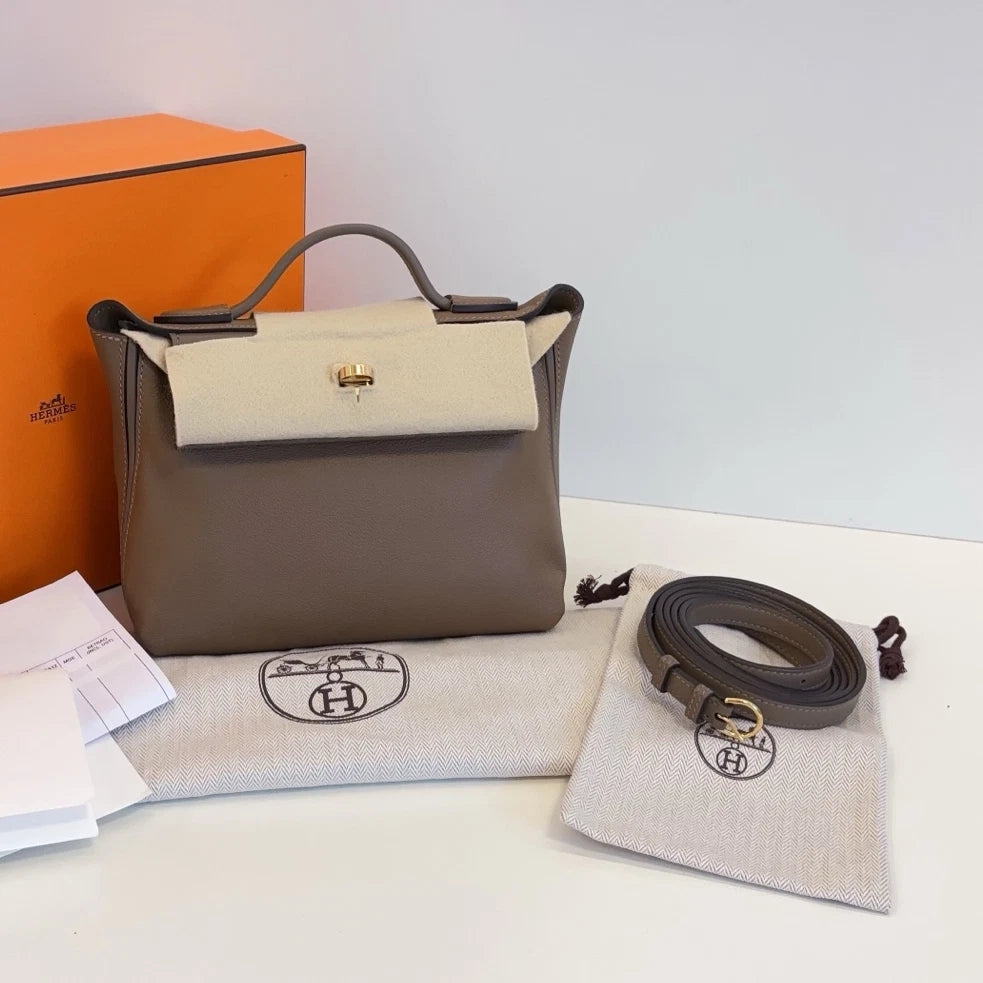 Hermes 2424 Mini Top Handle Crossbody Gray Gold Used Women Classic Fashion