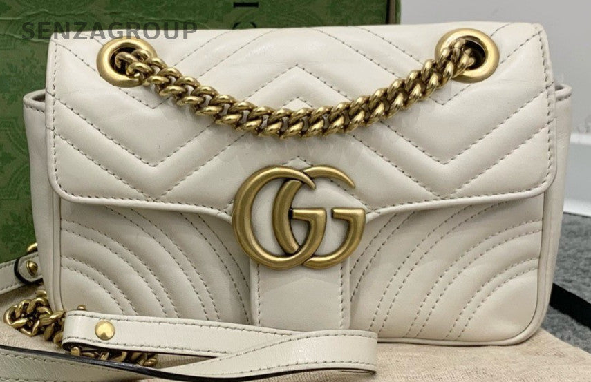 Gucci Marmont PM Chain Shoulder Bag Crossbody White Gold Used Women Classic