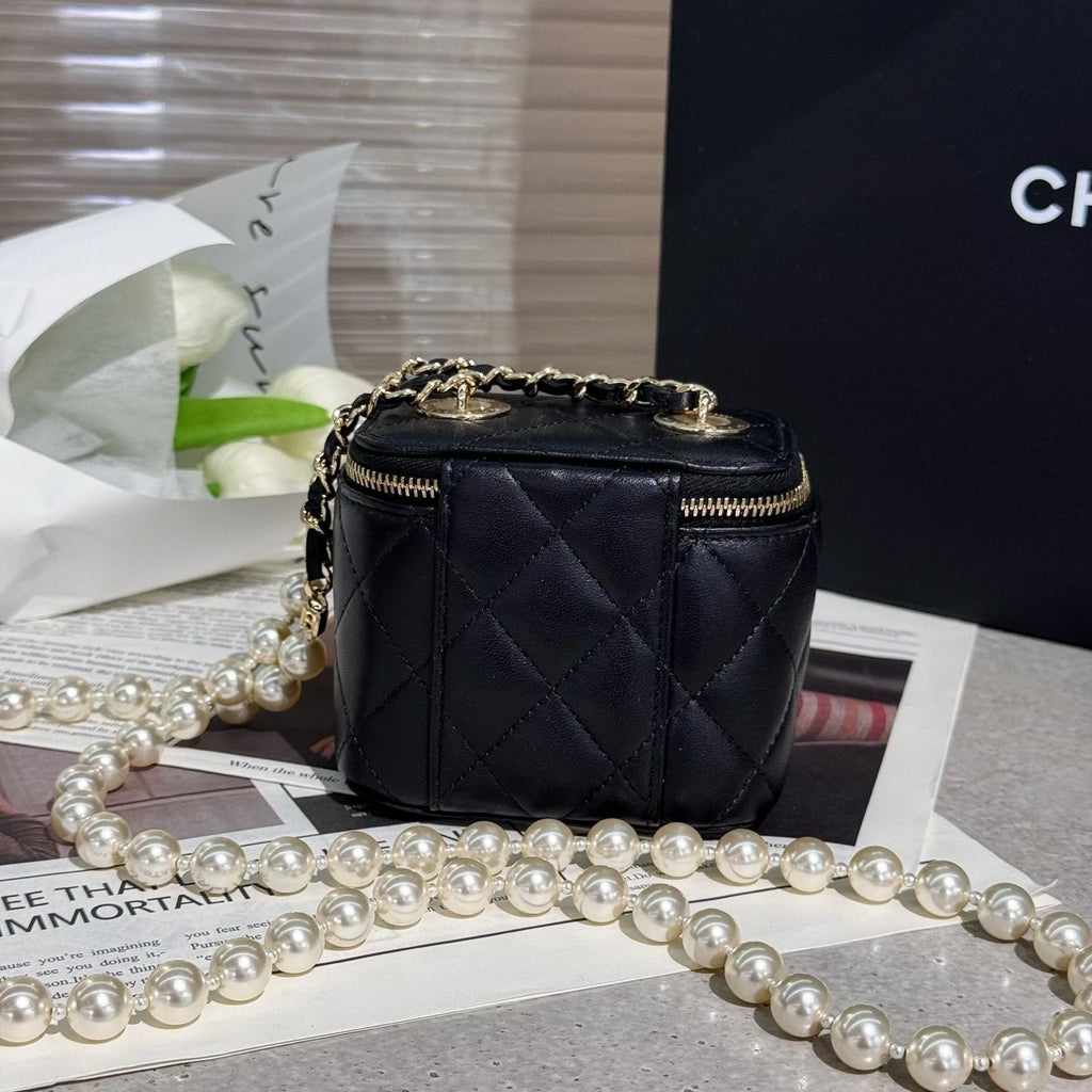 CHANEL Pearl Chain Box Makeup Clutch Crossbody Bag For Women