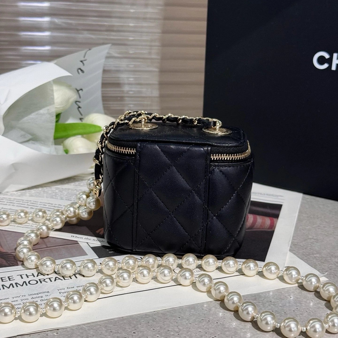 CHANEL Pearl Chain Box Makeup Clutch Crossbody Bag For Women