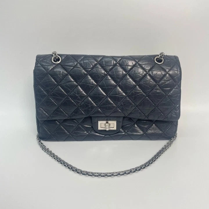 CHANEL Black Calfskin Leather 2.55 Large Chain Shoulder Crossbody Bag For Women