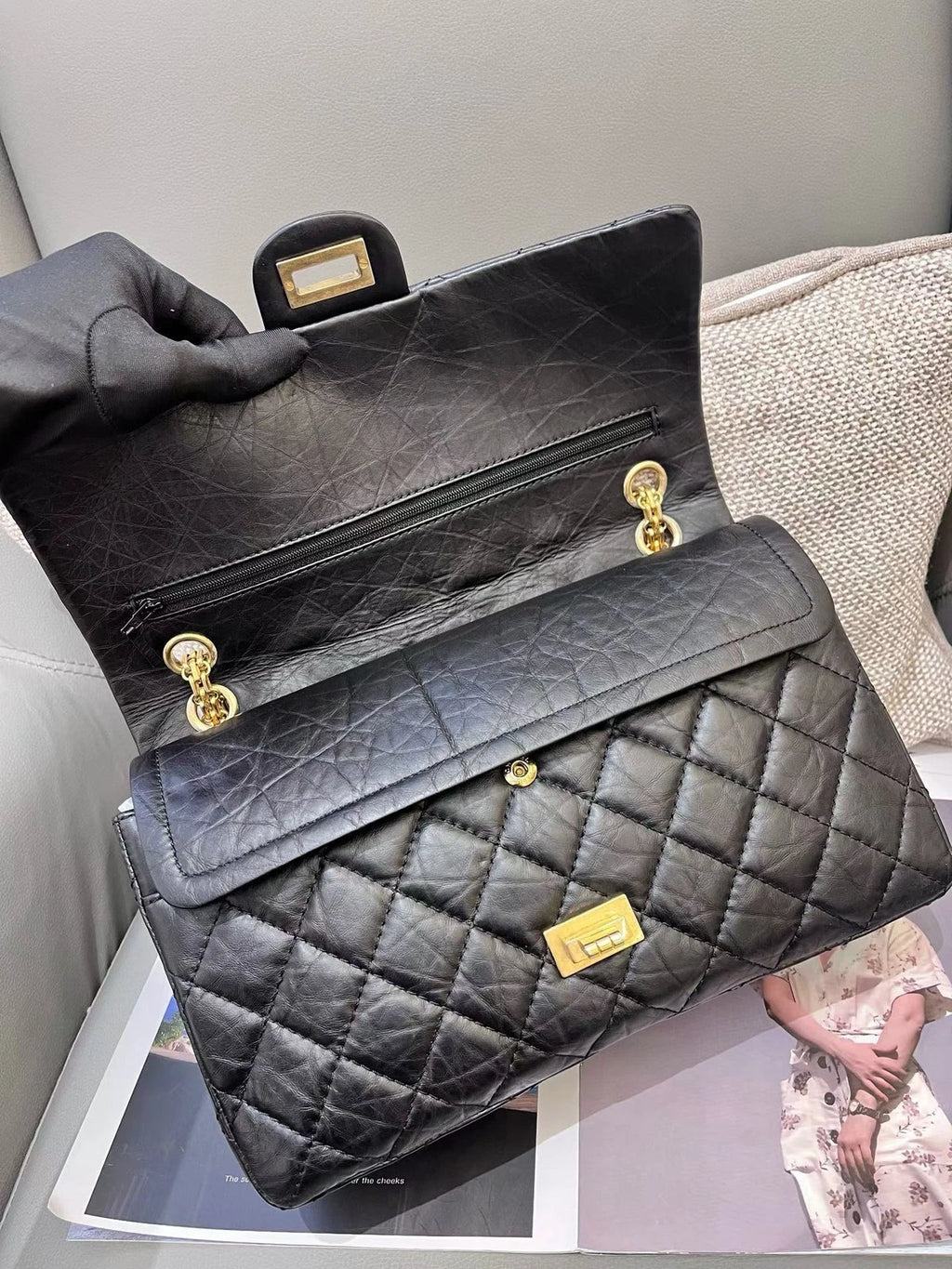 Chanel 2.55 MM Calfskin Chain Shoulder Bag Black Gold Diamond Women Classic