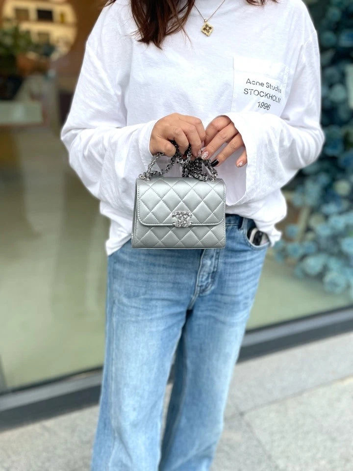 Authentic CHANEL Silver Handle Kelly Crossbody Bag For Women