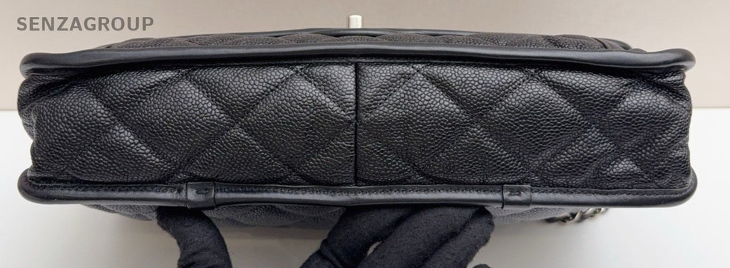 Chanel Classic Flap Calfskin Chain Shoulder Bag Black Silver Women Diamond