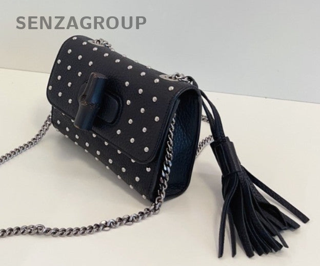Gucci Miss Bamboo Chain Shoulder Bag Black Silver Women Classic Fashion