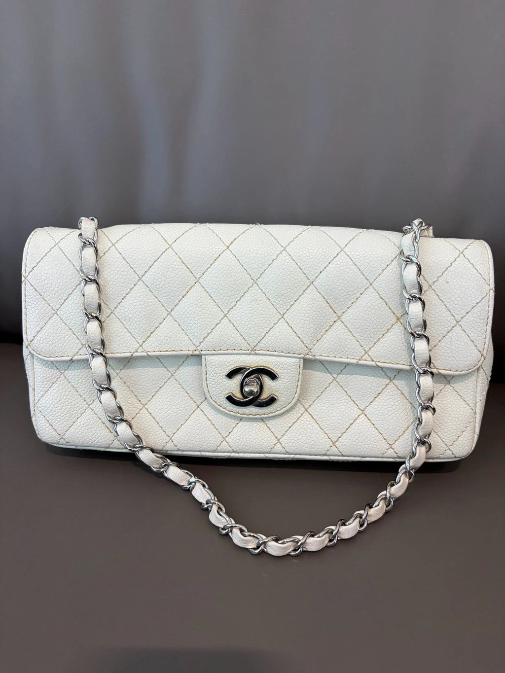 Authentic Chanel Classic Flap Silver Chain White Shoulder Bag Diamond Turnlock