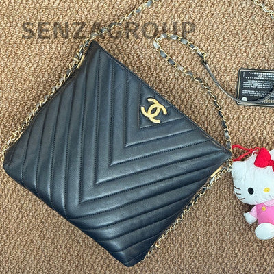 Chanel Black Gold V-Stitch Chain Shoulder Bag Classic Women's