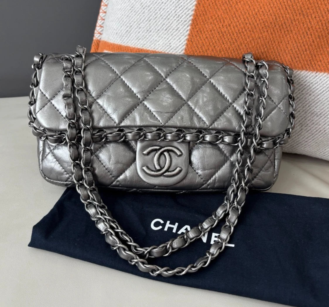 Chanel Classic Flap Calfskin Chain Shoulder Bag Silver Women