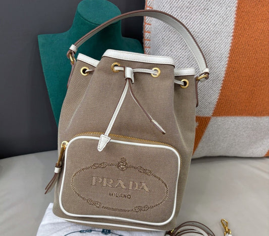 Prada Canvas Drawstring Bucket Top Handle Bag Crossbody Brown White Gold Women