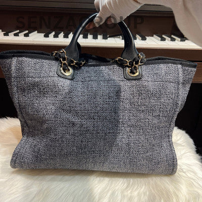 Chanel Large Black Gray Woven Tote Beach Bag Classic Women's Handbag