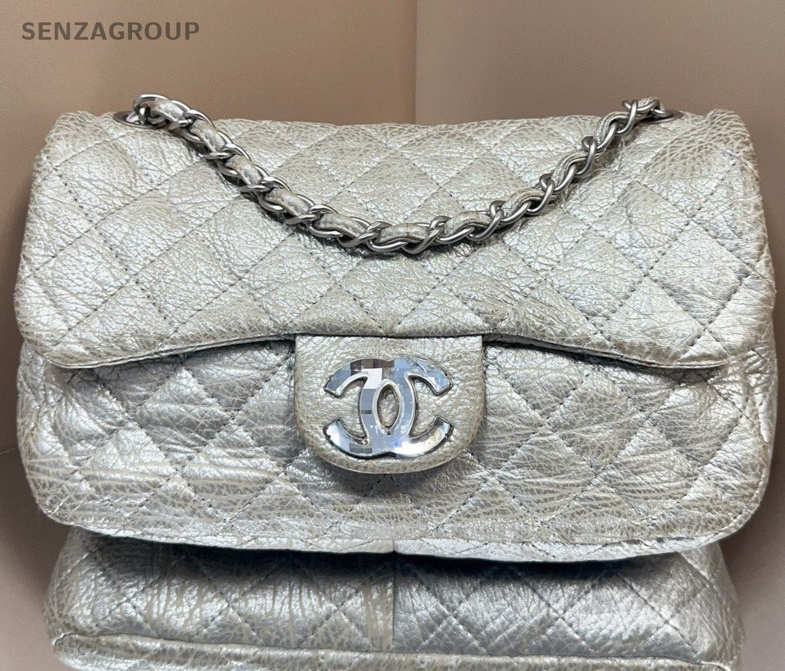 Chanel Classic Flap Crystal Button Chain Shoulder Bag Silver Women Designer