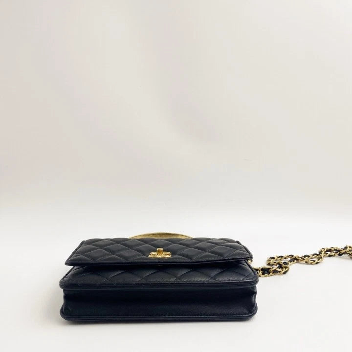 CHANEL Black Gold Leather WOC Crossbody Handbag For Women
