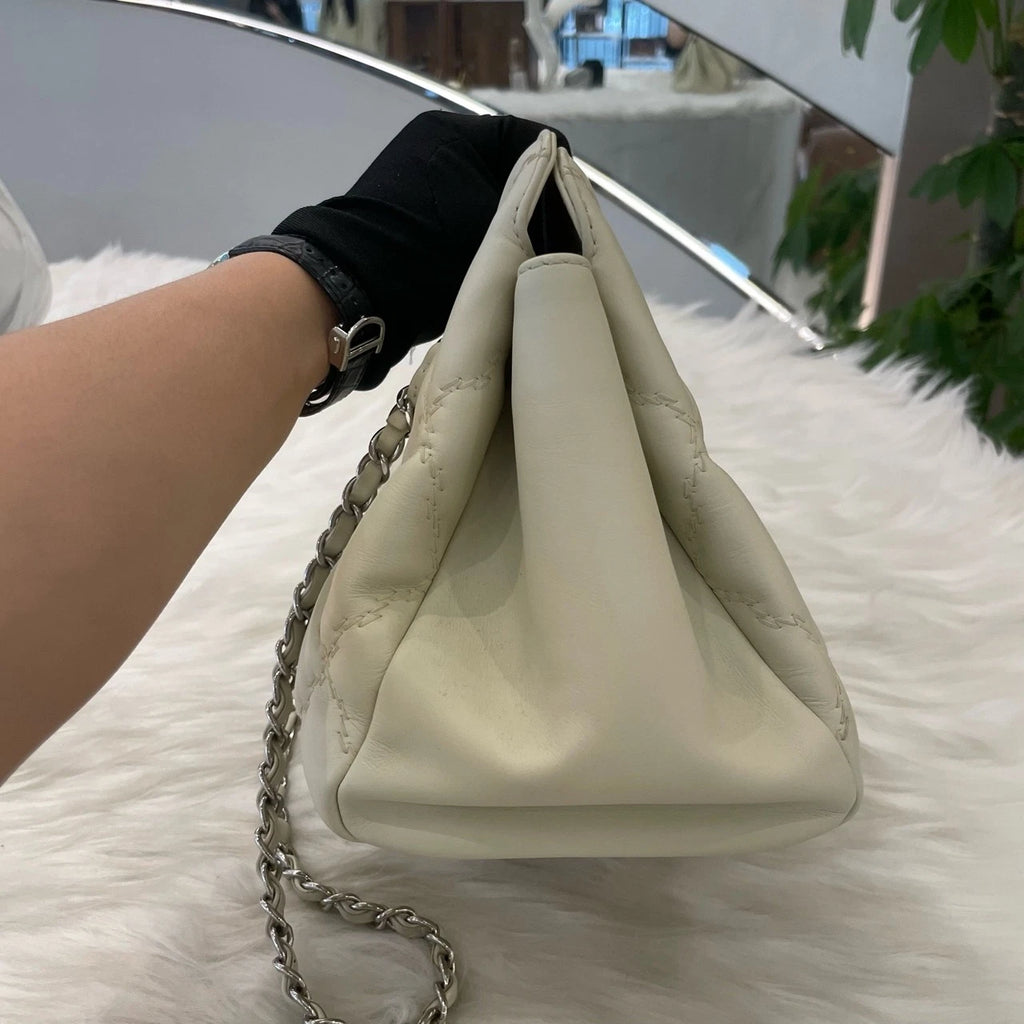 Chanel Large Double C Tote Chain Shoulder Bag Silver Quilted Classic Women