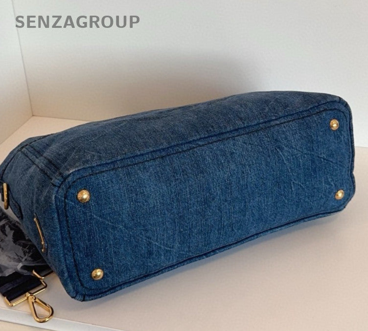 Prada Denim Tote 2Way Top Handle Bag Shoulder Bag Blue Gold Women Classic