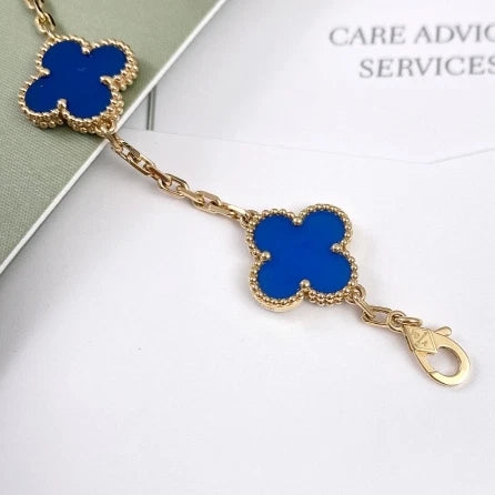 Van Cleef &amp; Arpels Vintage Alhambra 5 Motifs Blue Agate Bracelet 18k Yellow Gold